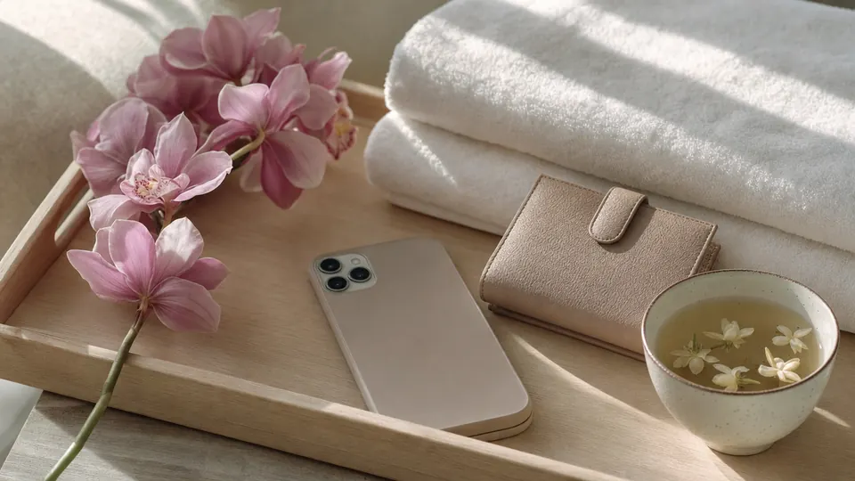 Plateau avec une orchidée rose, un téléphone, un portefeuille, des serviettes et une tasse de thé au jasmin