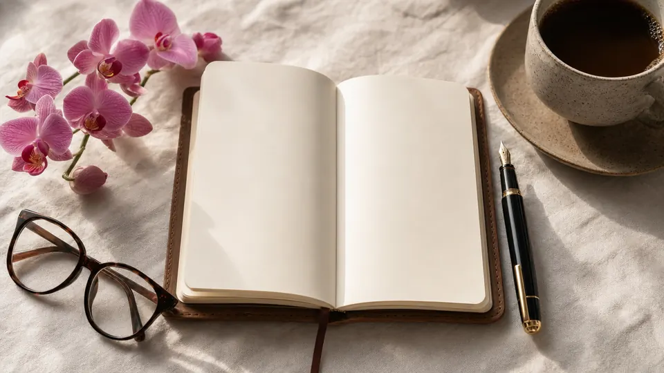 Carnet de voyage ouvert, stylo plume, orchidée rose et tasse de café sur une nappe en lin