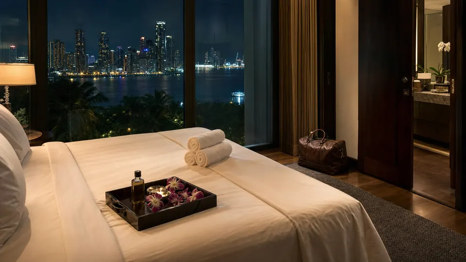 Chambre d’hôtel de luxe la nuit, serviettes et huile de massage posées sur le lit, vue sur la baie de Singapour