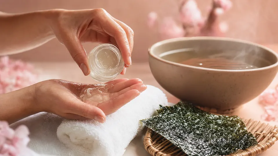 Mains d’une masseuse versant du gel nuru transparent au-dessus d’une serviette, près d’une feuille d’algue nori